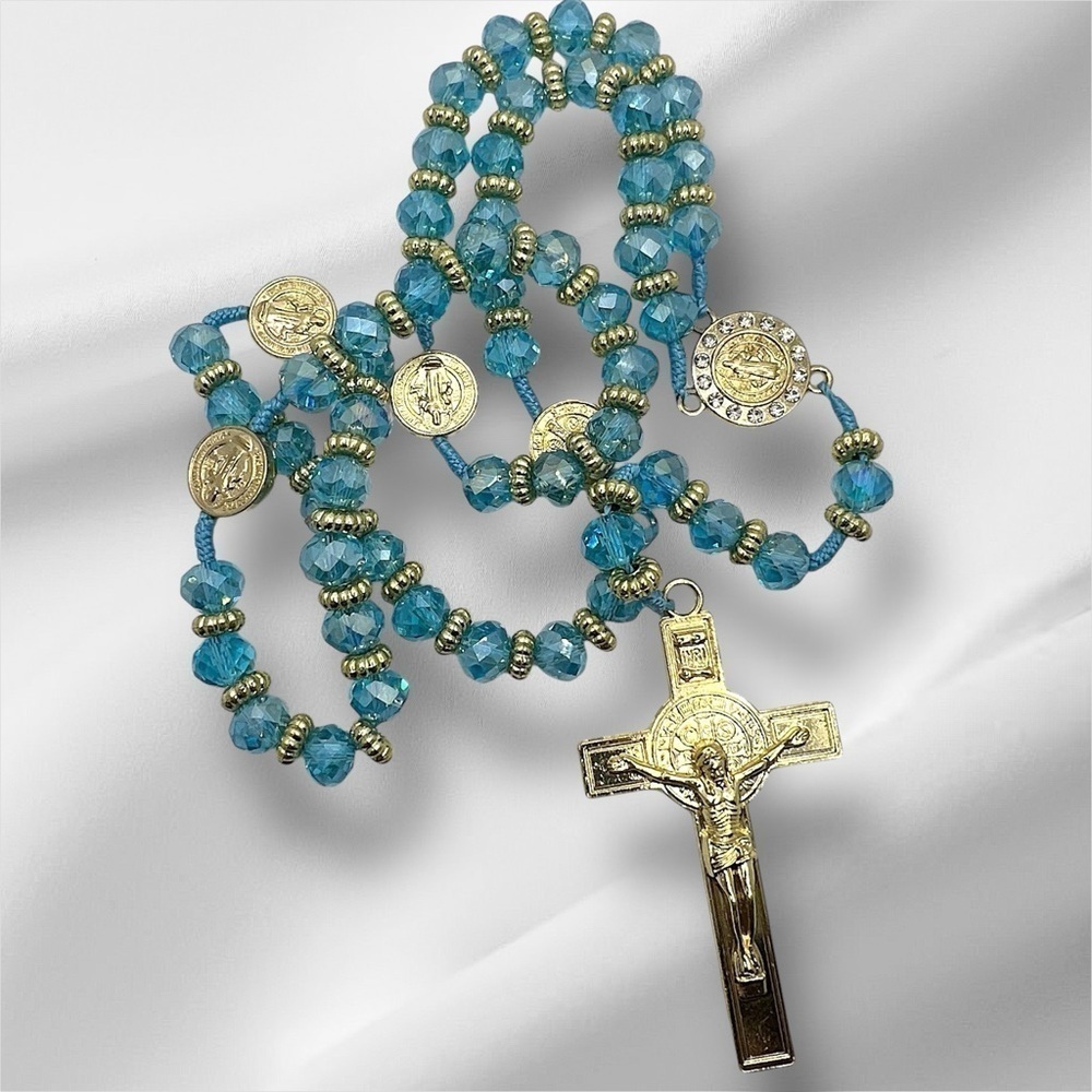 Aqua Faceted Glass Beaded Large 21” Catholic Religious Rosary